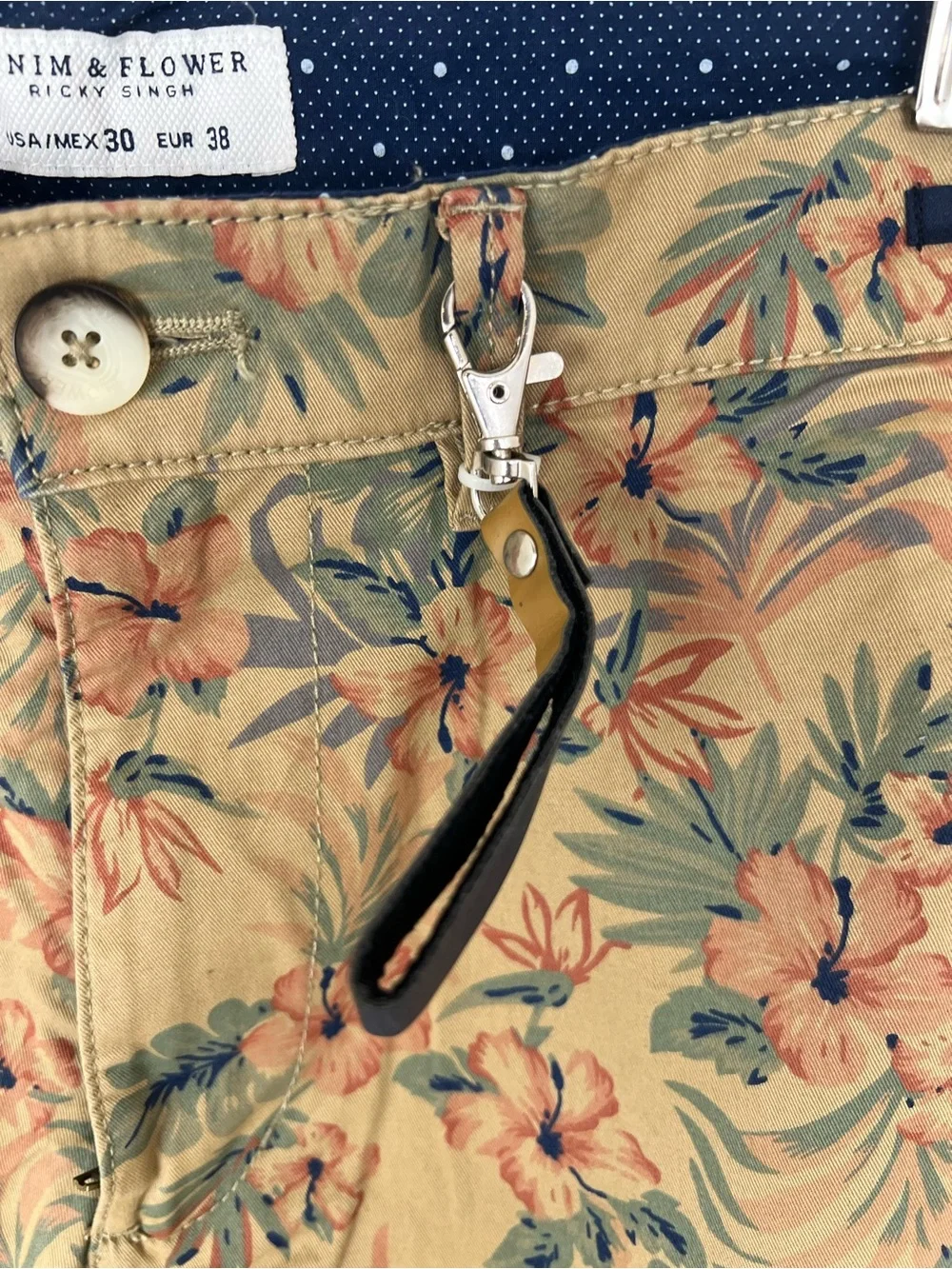 Denim & Flower Men's Tan Floral Chino Shorts with Green & Orange Print